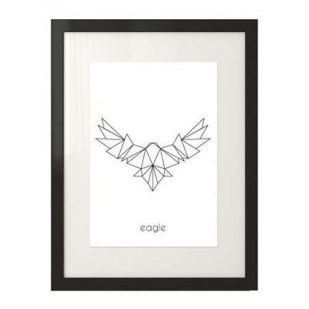 Plakat z grafiką orła rozwiniętymi z skrzydłami narysowanego przy wykorzystaniu figur geometrycznych