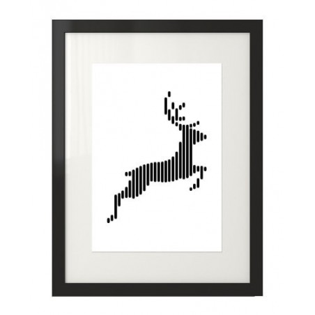 A poster with a jumping deer drawn with vertical lines