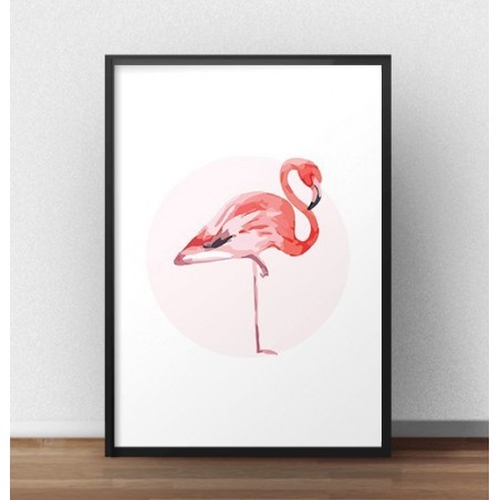 Klasyczny plakat z wizerunkiem flaminga stojącym bokiem na jednej nodze