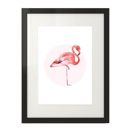A colorful wall poster with a pink flamingo on a circle background