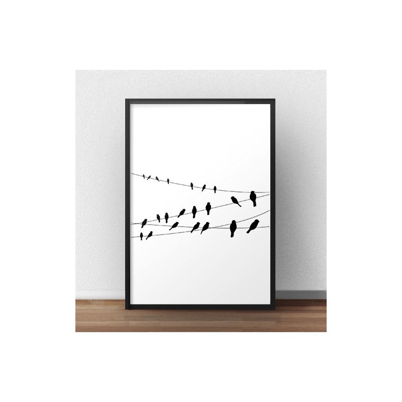 Elegancki i minimalistyczny plakat przedstawiający siedzące ptaki na kablach od słupów elektrycznych