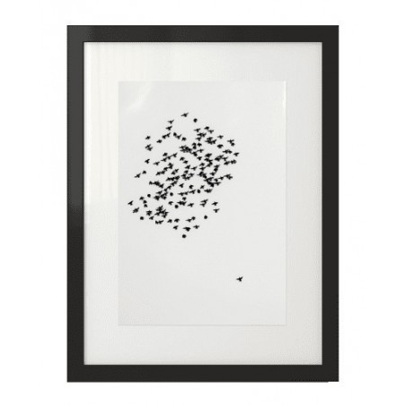 A black and white wall poster depicting a flock of birds