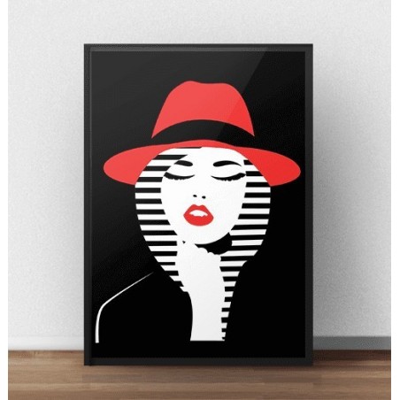 Barevná nástěnná grafika zobrazující ženu v červeném klobouku na černém pozadí