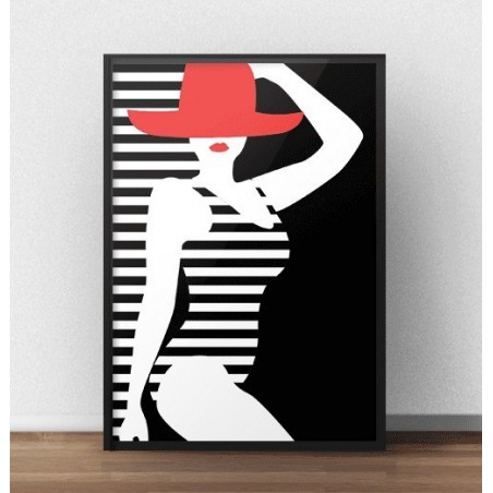 Modernistyczny plakat przedstawiający postać kobiety w czerwonym kapeluszu i pasiastym stroju kąpielowym
