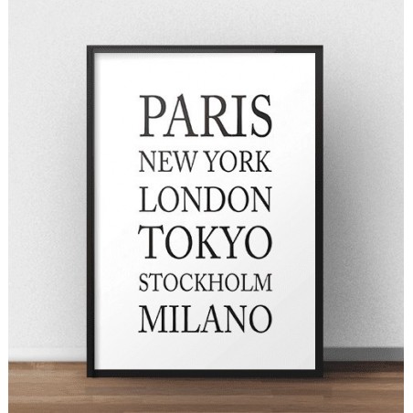 Poster with the names of the cities Paris, New York, London, Tokyo, Stockholm, Milan