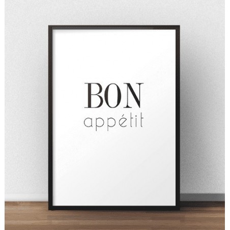 Minimalistyczny plakat z napisem "Bon appétit" idealny do salonu połączonego z aneksem kuchennym