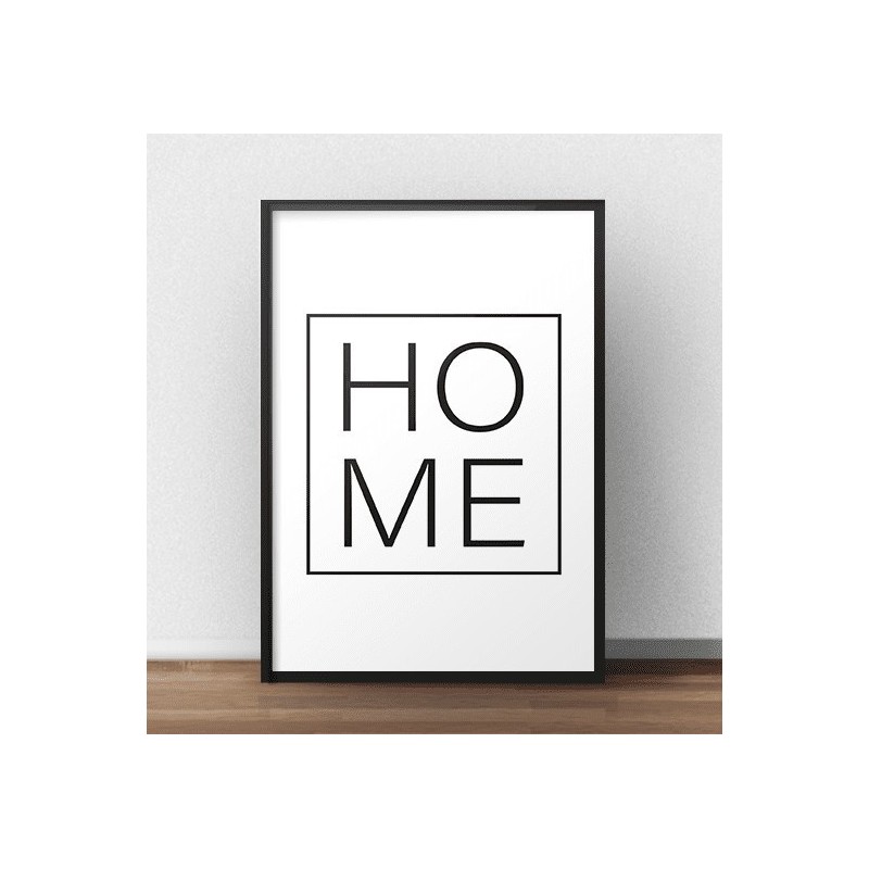 Minimalistyczny plakat z napisem "HOME" ukrytym w cienkiej czarnej ramce