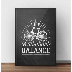 Plakat motywacyjny "Life is all about balance" o efekcie czarnej tablicy kredowej