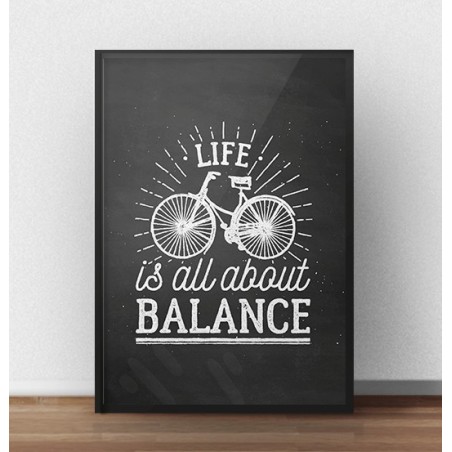 Motivational poster "Life is all about balance" with the effect of a black chalk board