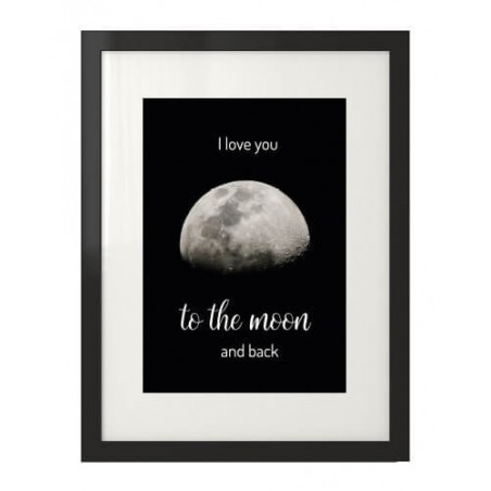 Plakat z księżycem i napisem "Kocham Cię jak stąd do księżyca i z powrotem" w języku angielskim
