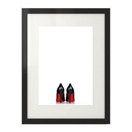 Minimalistyczny plakat w stylu glamour i fashion przedstawiający czarne szpilki z czerwoną podeszwą "Heels"