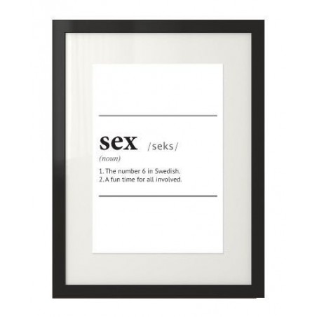 Czarno-biały plakat z napisem na ścianę z definicją słowa seks