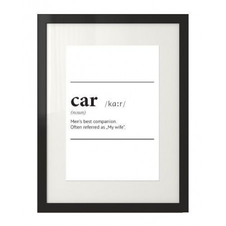 Czarno-biały plakat z napisem definicji słowa samochód oprawiony w czarną ramę