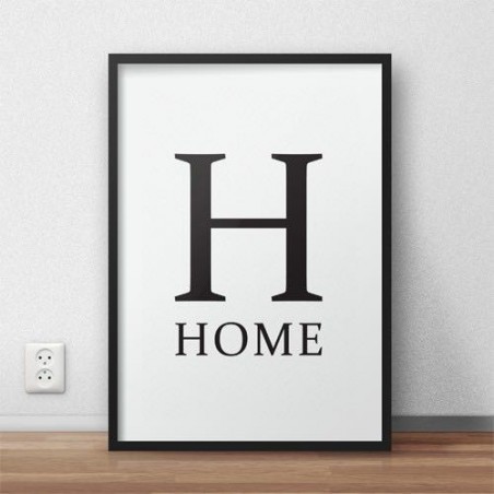 Minimalistyczny plakat typograficzny z dużą literą H i napisem HOME 