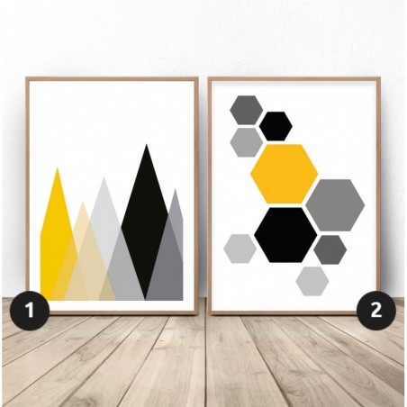 Zestaw geometrycznych plakatów "Góry i hexagony"
