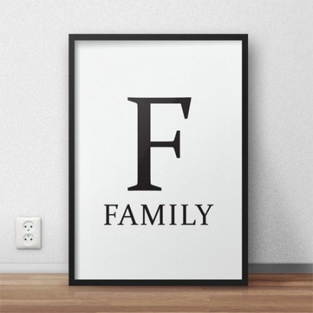 A minimalist typographic poster with the word FAMILY and a large letter F in a Scandinavian style to hang on the wall