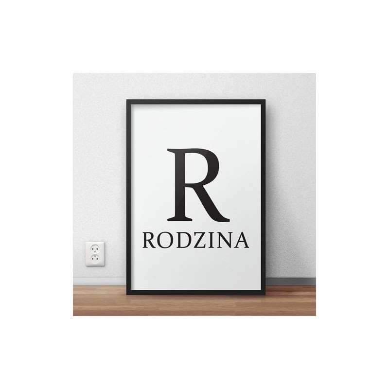 Skandynawski plakat typograficzny z napisem RODZINA i dużą literą R