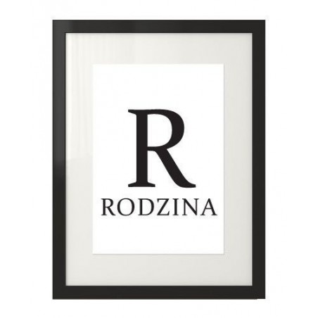A Scandinavian wall poster with the inscription FAMILY and a large letter R, framed in a black frame