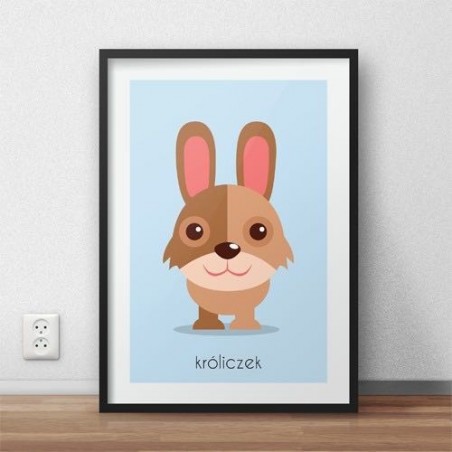 A colorful poster to hang on the wall in a children's room with a pastel bunny