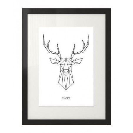 Scandinavian poster with a deer head and the word "deer" framed with a passepartout to put on a shelf