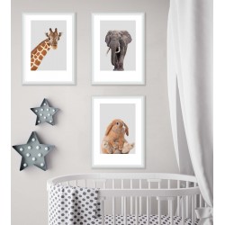 Zestaw 3 plakatów do pokoju dziecka - żyrafa, słoń i zajączek