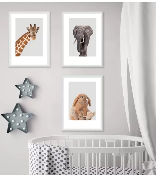 Zestaw 3 plakatów do pokoju dziecka - żyrafa, słoń i zajączek