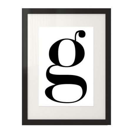 Skandynawski plakat z małą literą "g" oprawiony w czarną ramę z passepartout