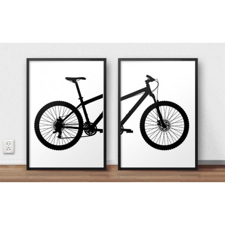 Zestaw dwóch plakatów z fragmentami roweru górskiego MTB do powieszenia obok siebie na ścianie