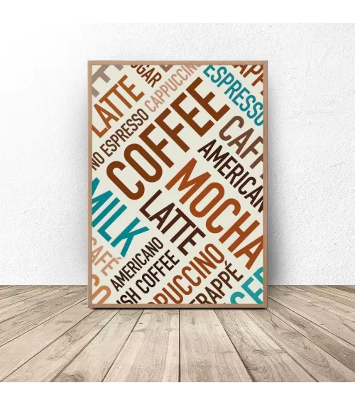 Plakat z kolorowymi napisami "Coffee"
