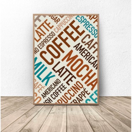 Plakat z kolorowymi napisami "Coffee"