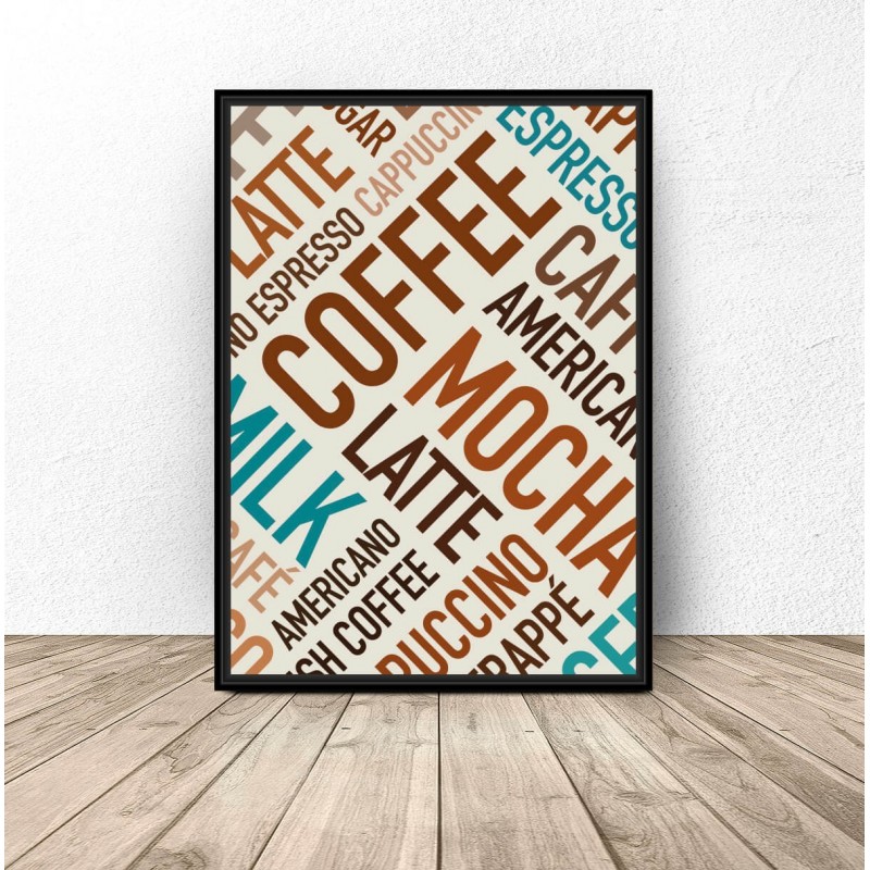 Plakat z kolorowymi napisami Coffee