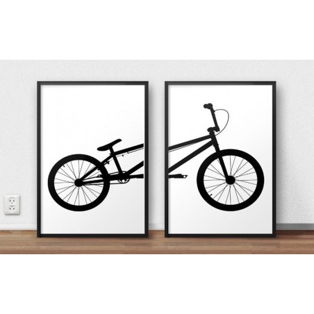 Zestaw plakatów przedstawiających razem rower BMX do powieszenia na ścianie lub postawienia na półce