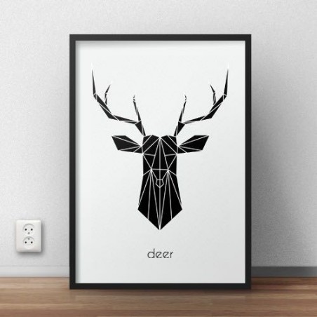 Plakat z czarną głową jelenia i napisem "deer"
