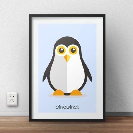 Barevný plakát pro děti s pastelovým tučňákem a nápisem tučňák