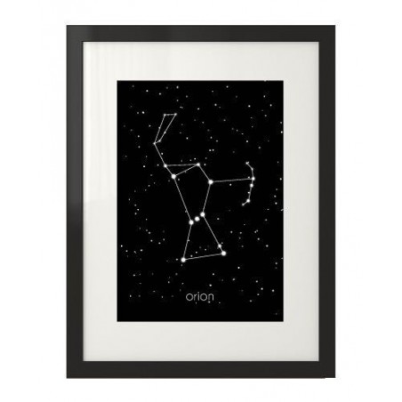 A wall poster showing the Orion constellation connected by a white line