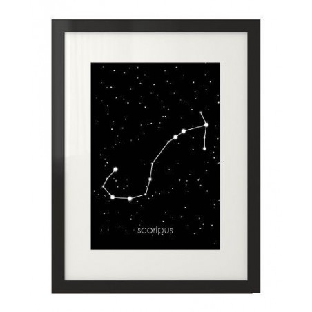 Poster with the zodiac sign of Scorpio framed in a black frame with a passepartout with a signature in Latin