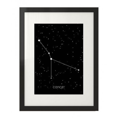A black poster with the Cancer zodiac sign with a Latin signature framed in a black frame