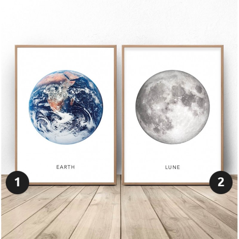 Zestaw dwóch białych plakatów Ziemia i księżyc