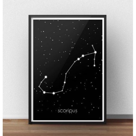 Black poster with the constellation Scorpius with a caption in Latin