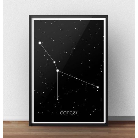 Black poster with the zodiac sign of Cancer with a caption in Latin