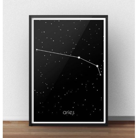 Black poster with the constellation of Aries with a caption in Latin