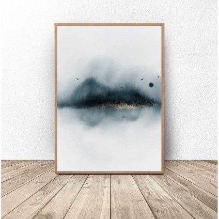 Plakat w stylu abstrakcyjnym przedstawiający mglisty las