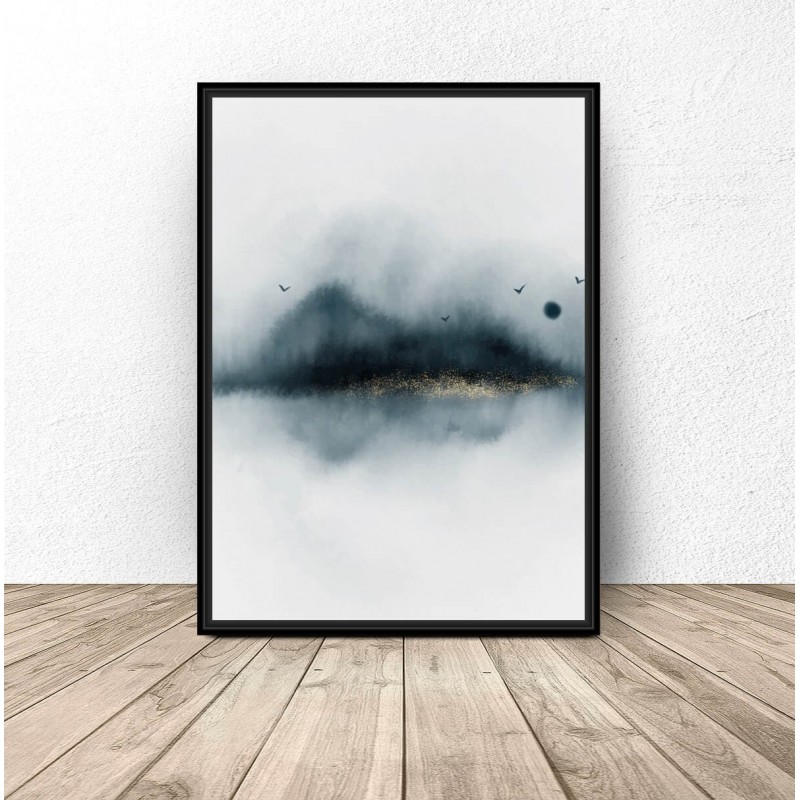 Abstrakcyjny plakat przedstawiający mglisty las