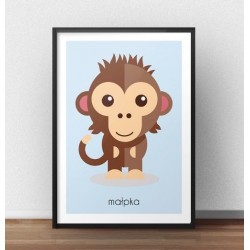 Pastelowy plakat dla dzieci przedstawiający brązową małpkę