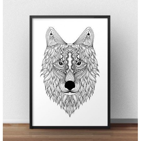 A poster to hang on the wall with the image of a wolf painted in ethno style.