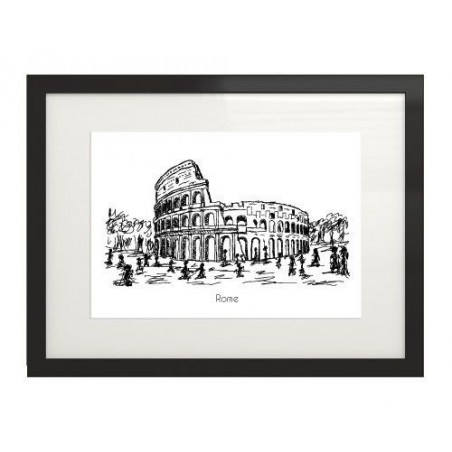Black and white graphics giving the impression of a fineliner sketch depicting the Colosseum in Rome