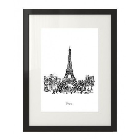 Black and white graphics giving the impression of a fineliner drawing of the Eiffel Tower in Paris