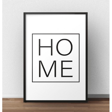 A minimalist poster with the word "HOME" hidden in a thin black frame