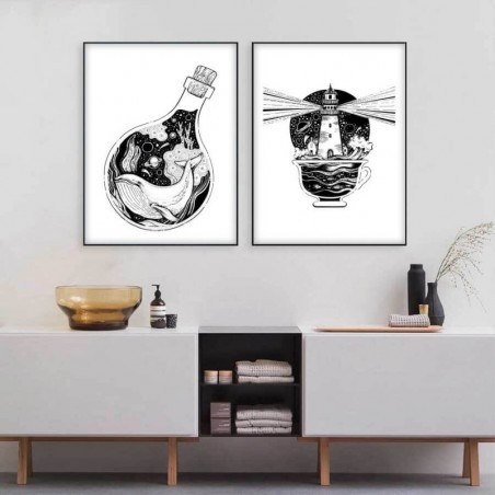 Set of Two Whale and Lantern Posters. Wall Artwork with an Abstract Motif | Scandi Poster
