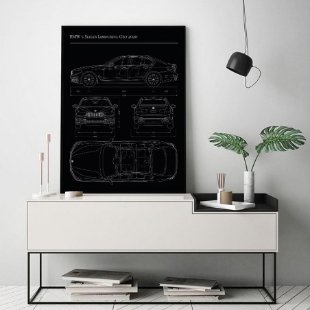 Plakat BMW 5 2020. Rysunek Techniczny Malucha - Grafika z Samochodem na Ścianę | Scandi Poster